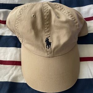 Ralph Lauren Polo Strap Back Dad Hat Tan with Navy Pony Embroidered
